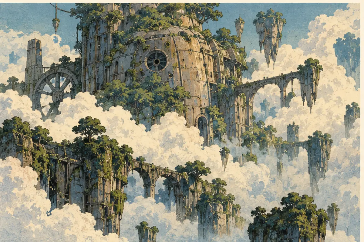 Des ruines mécaniques suspendues parmi les nuages