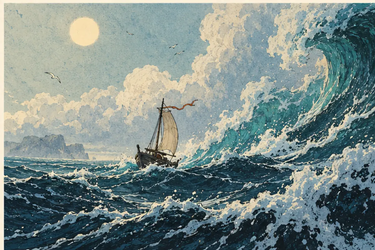 Une petite embarcation devant une vague imaginaire