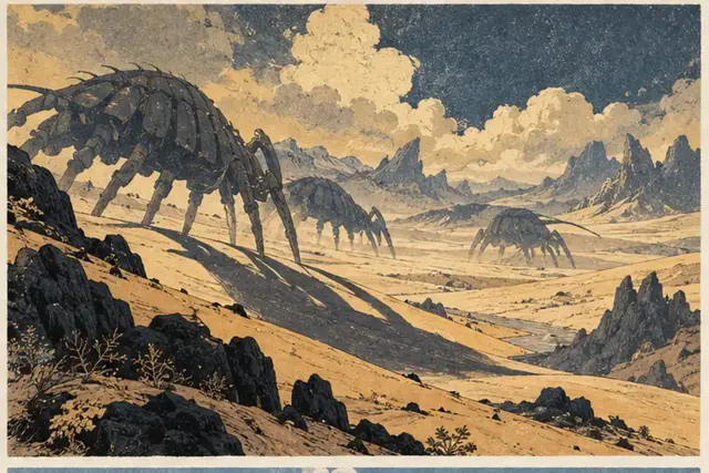 Des silhouettes de grands arthropodes imaginaires traversent un plateau de sable