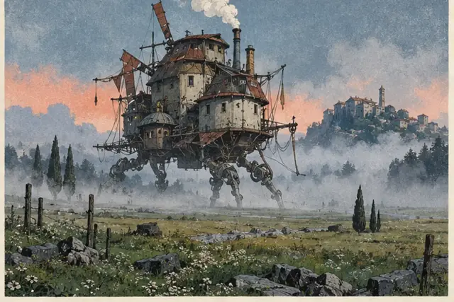 Une construction mécanique ambulante imaginée dans un paysage de brume