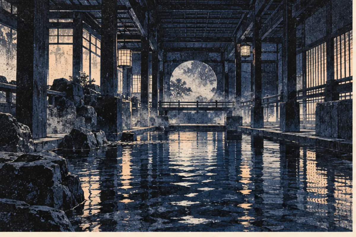 Un couloir de bains imaginaire et son reflet sombre dans l’eau