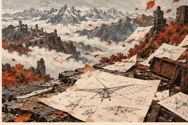 Des croquis d’avion s’envolent dans un paysage de montagne