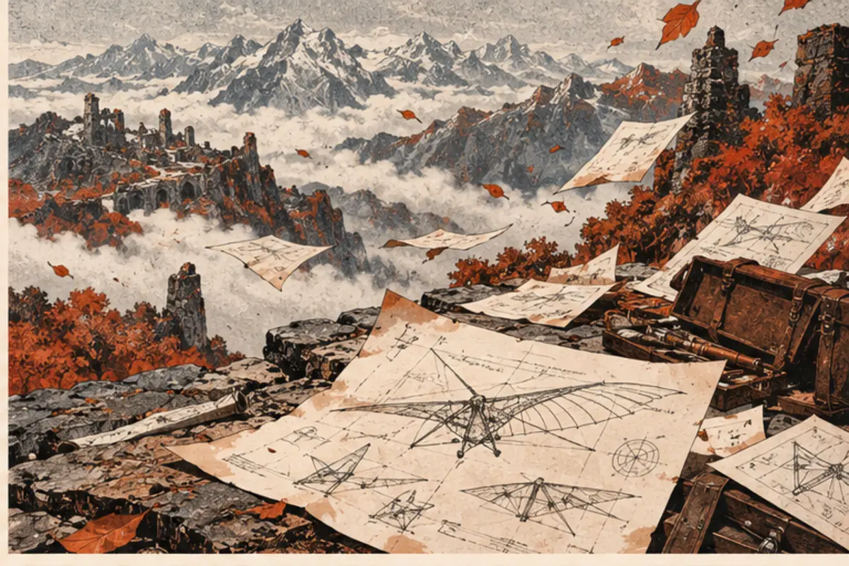 Des croquis d’avion s’envolent dans un paysage de montagne
