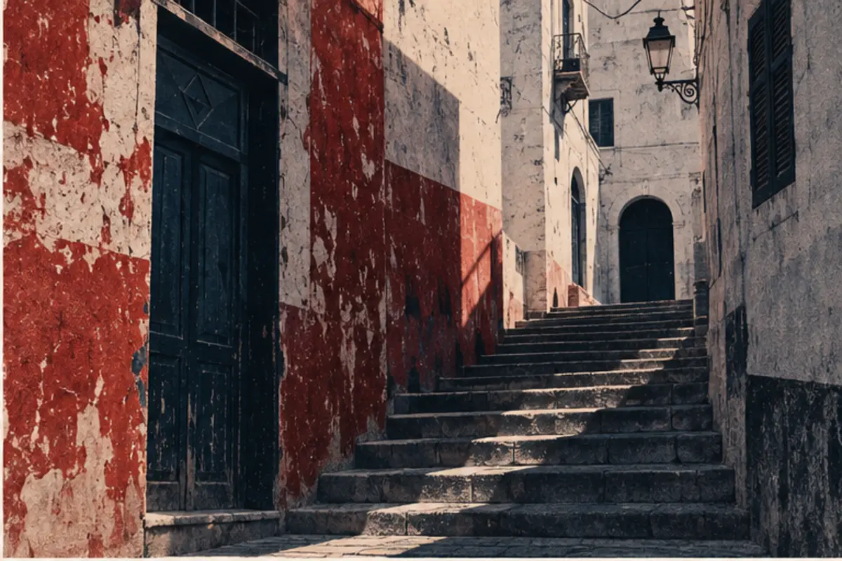 Escalier vide d’une ville algérienne dans une photographie fictive à gros grain