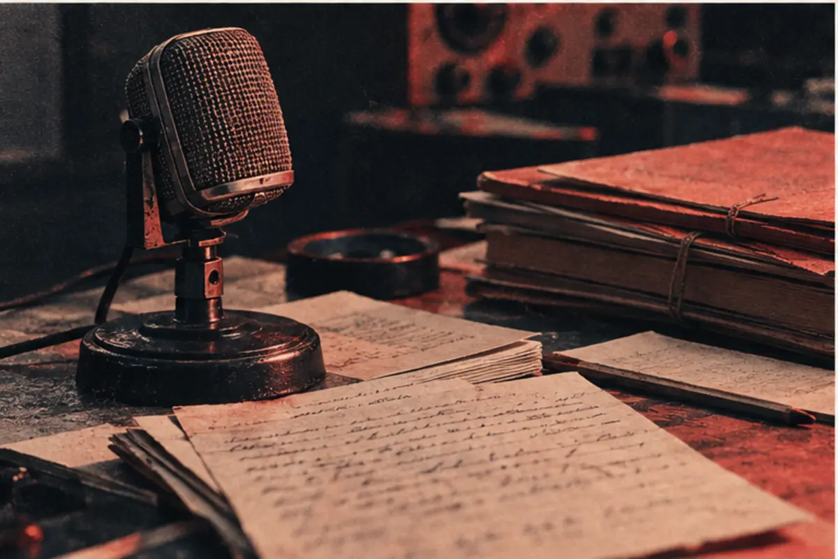 Dossiers et microphone de radio sur une table sombre, sans document réel reproduit