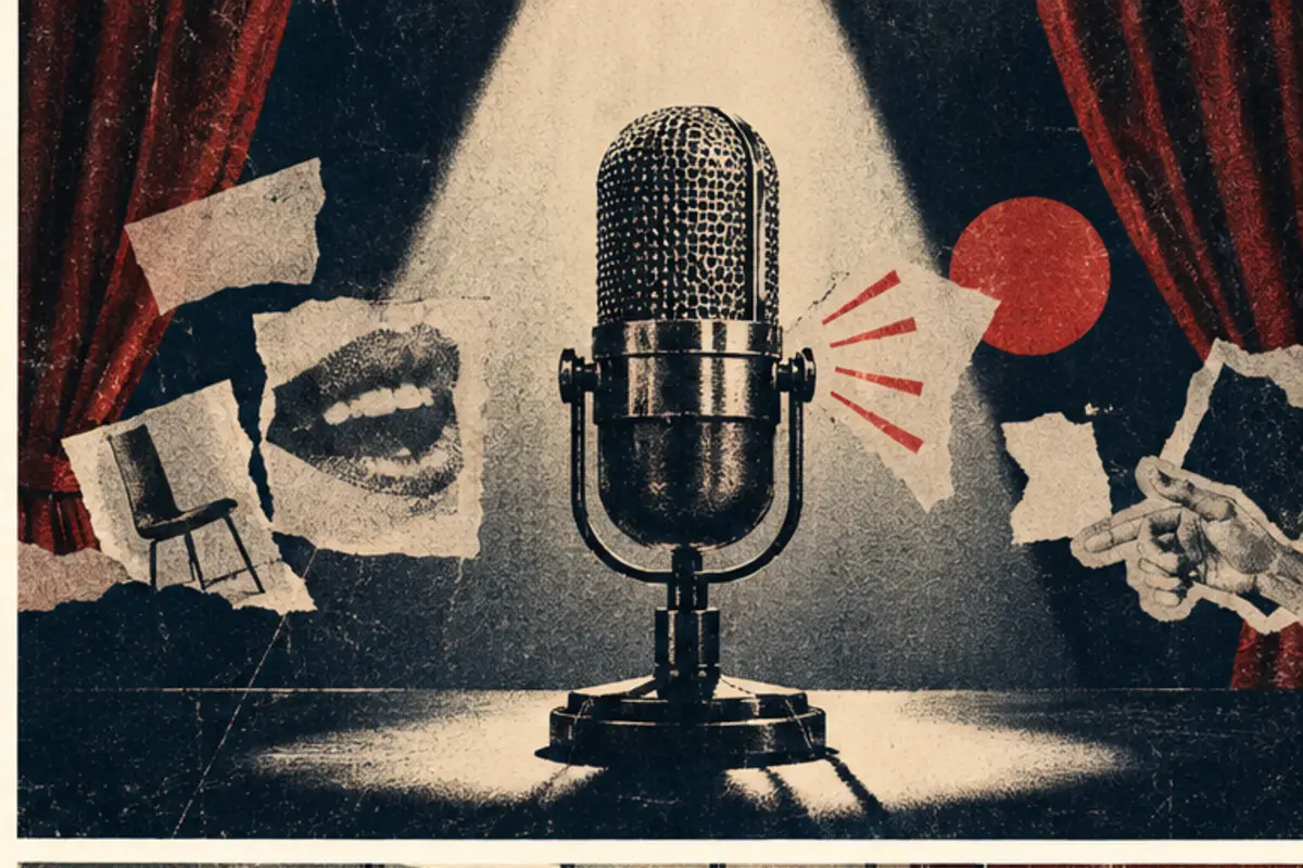 Microphone de studio découpé dans un collage imprimé aux teintes rouges