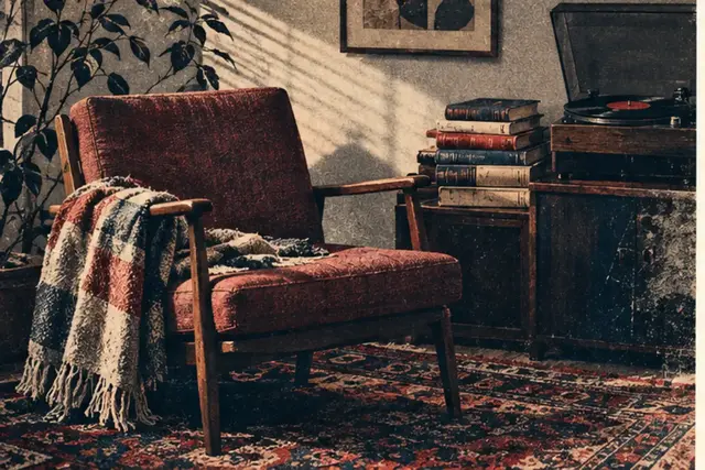 Fauteuil de lecture près d’une fenêtre et de livres, photographie fictive granuleuse
