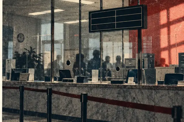 Guichet public vide derrière une vitre réfléchissante