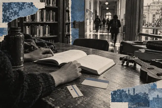 Mains près d’un livre ouvert sur une table de bibliothèque, documents et objet musical, avec un couloir d’école en arrière-plan et une trame bleue granuleuse