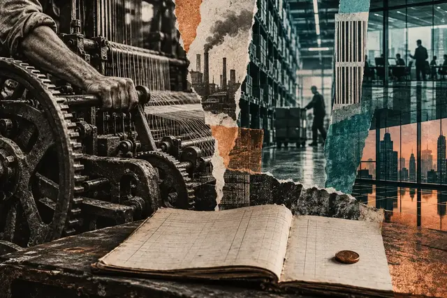 Collage granuleux reliant la main d’une personne près d’une machine textile, un entrepôt contemporain, des bureaux vitrés et un registre sans texte lisible