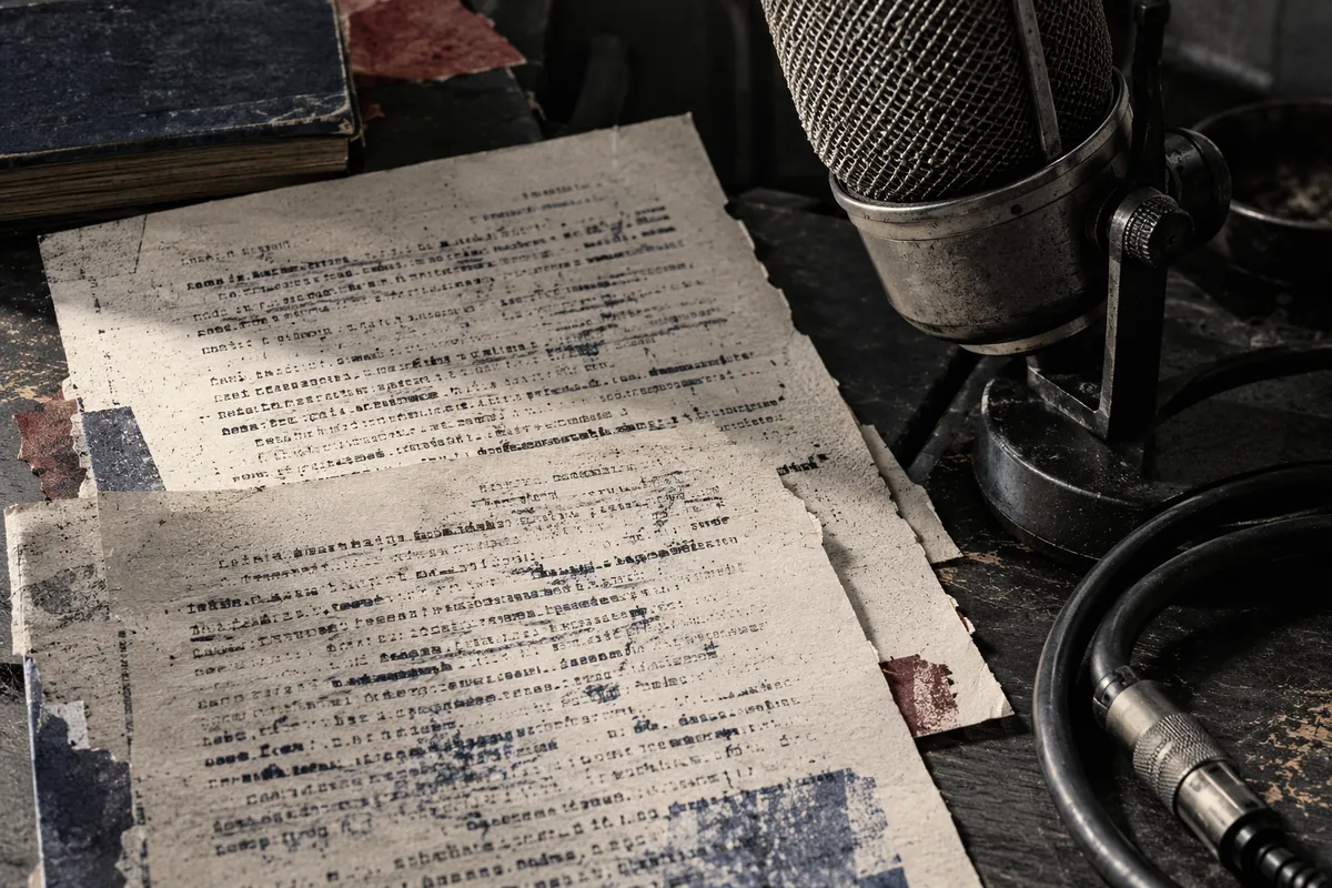 Pages tapées à la machine et microphone sur une table