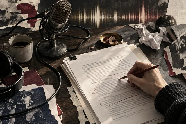 Manuscrit annoté, main au travail et microphone de studio