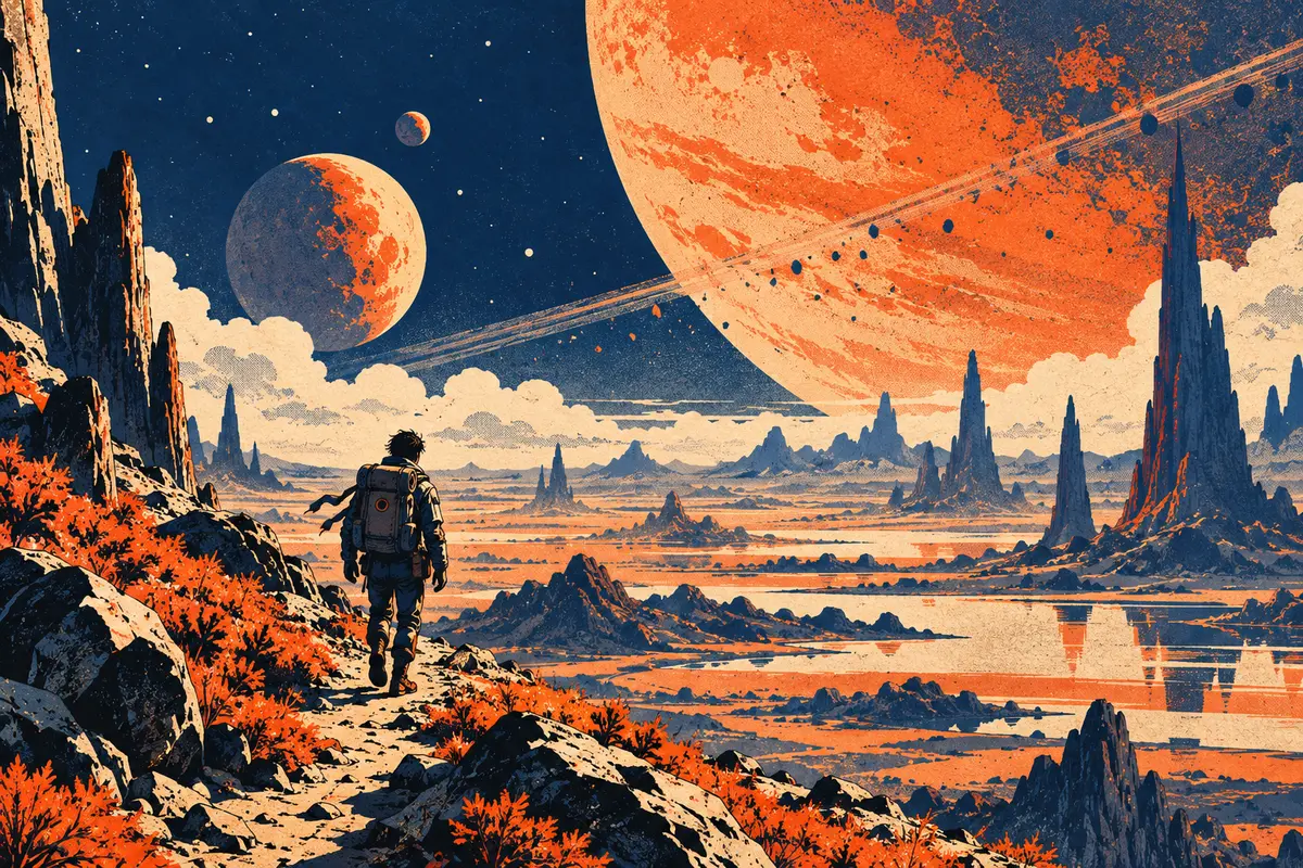 Une personne imaginaire marche sur une plaine cosmique sous deux immenses astres orange et bleu