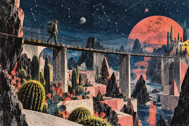 Voyageur imaginaire sur une passerelle au-dessus d’un jardin de cactus sous un ciel étoilé