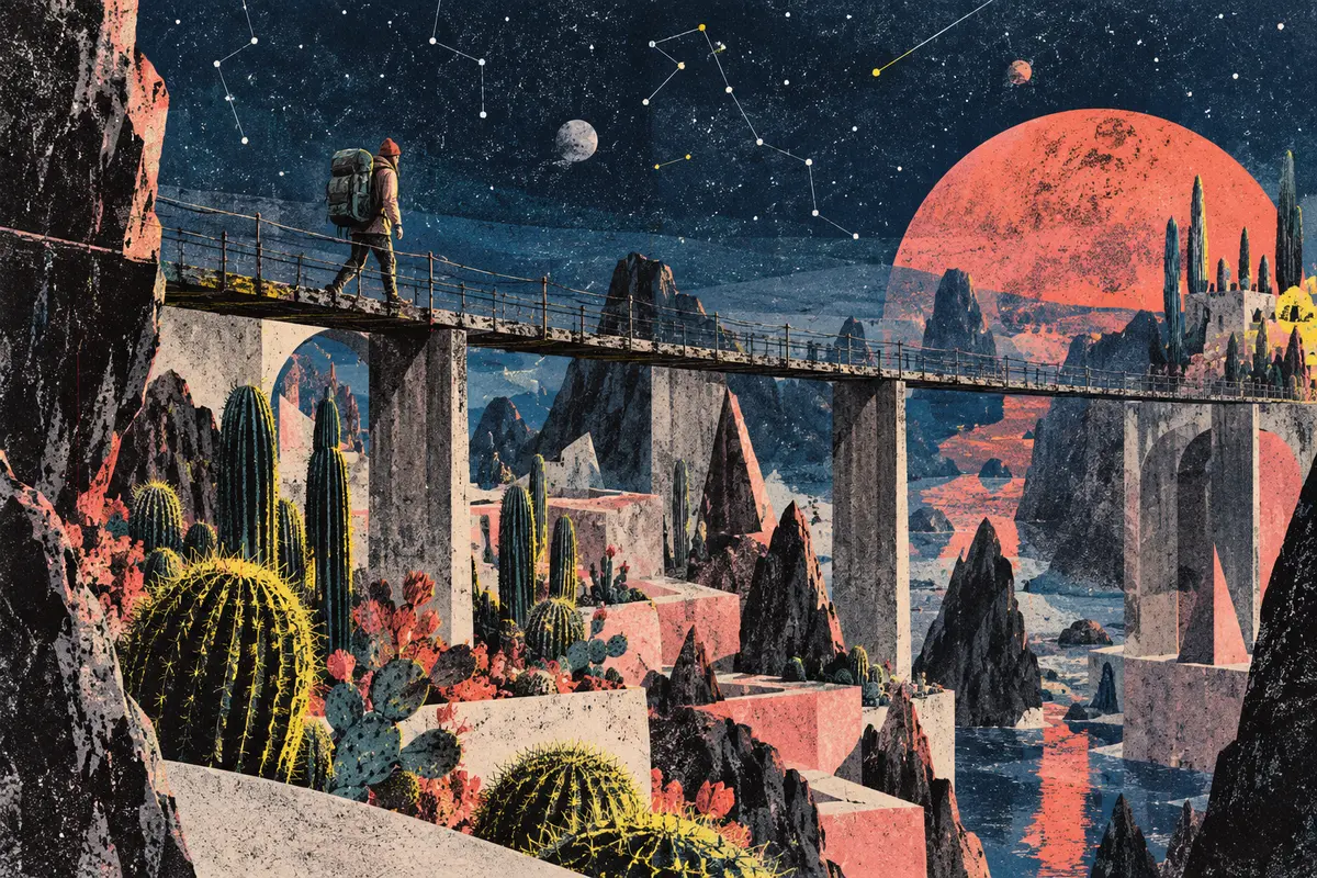 Voyageur imaginaire sur une passerelle au-dessus d’un jardin de cactus sous un ciel étoilé