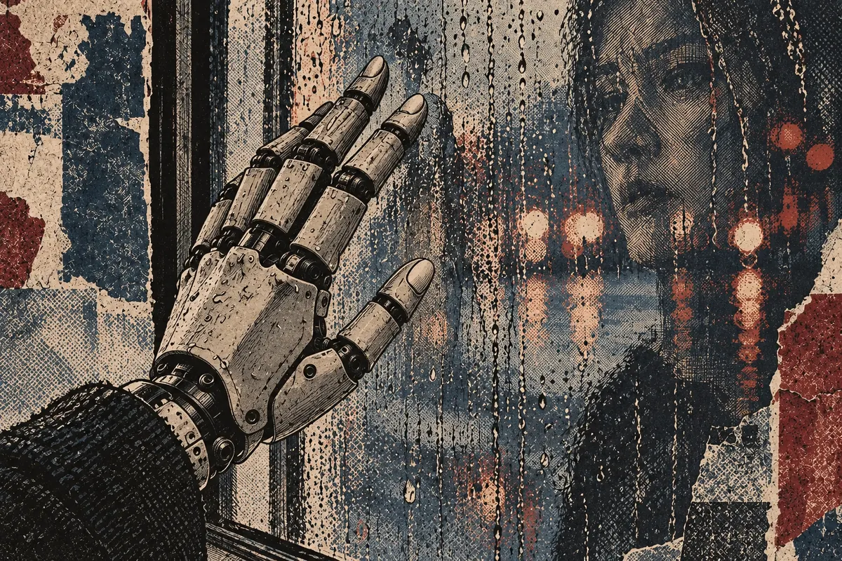 Main artificielle dessinée à l’encre touchant une vitre embuée