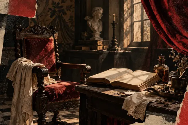Fauteuil de théâtre vide près d’un livre ouvert et d’un flacon d’apothicaire, dans une lumière rouge sombre