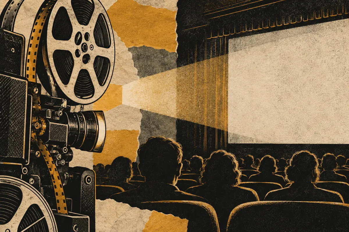Projecteur, écran et spectateurs, illustration à grain riso noir et ocre