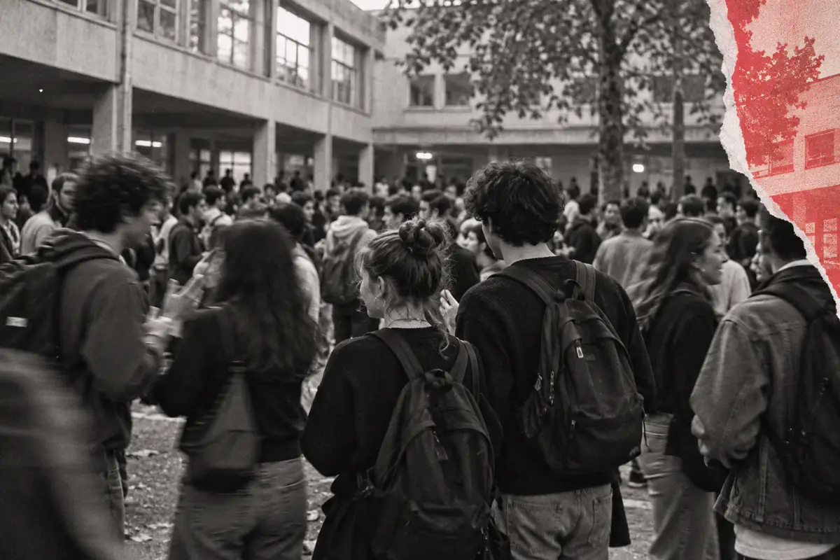 Jeunes adultes réunis dans une cour, photographie imaginaire à grain argentique