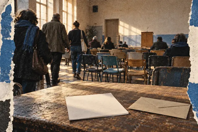 Salle de réunion citoyenne, chaises, enveloppe et papier vierge au premier plan, avec grain argentique et collage bleu discret