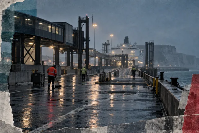 Terminal de ferry avant l’aube, personnes anonymes au travail sur un quai humide