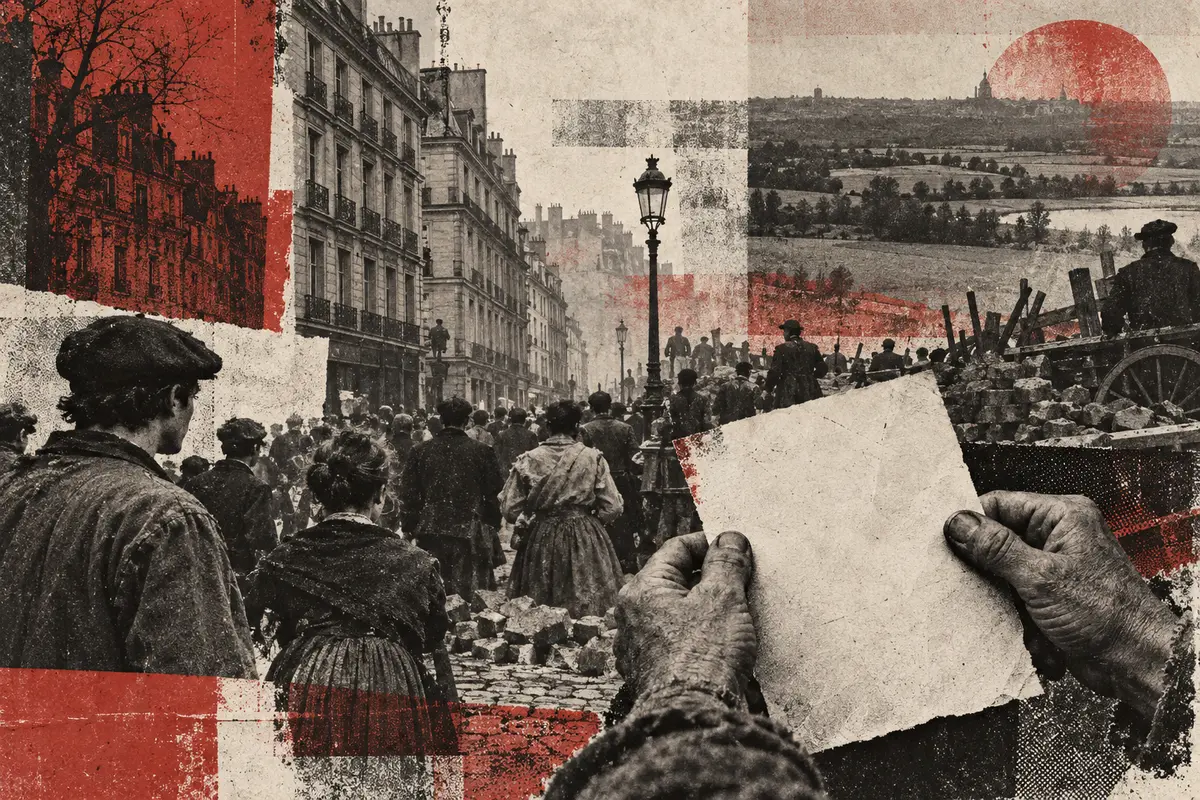 Collage symbolique d’une foule révolutionnaire dans une ville française