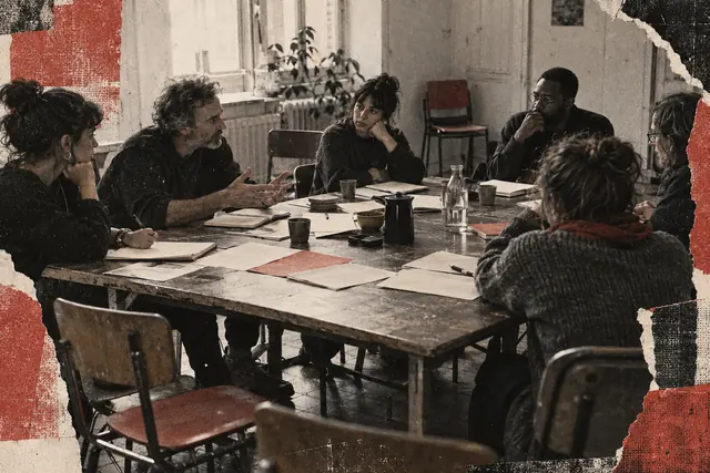 Réunion collective autour d’une table, carnets et chaises, avec grain noir et blanc et collage rouge discret