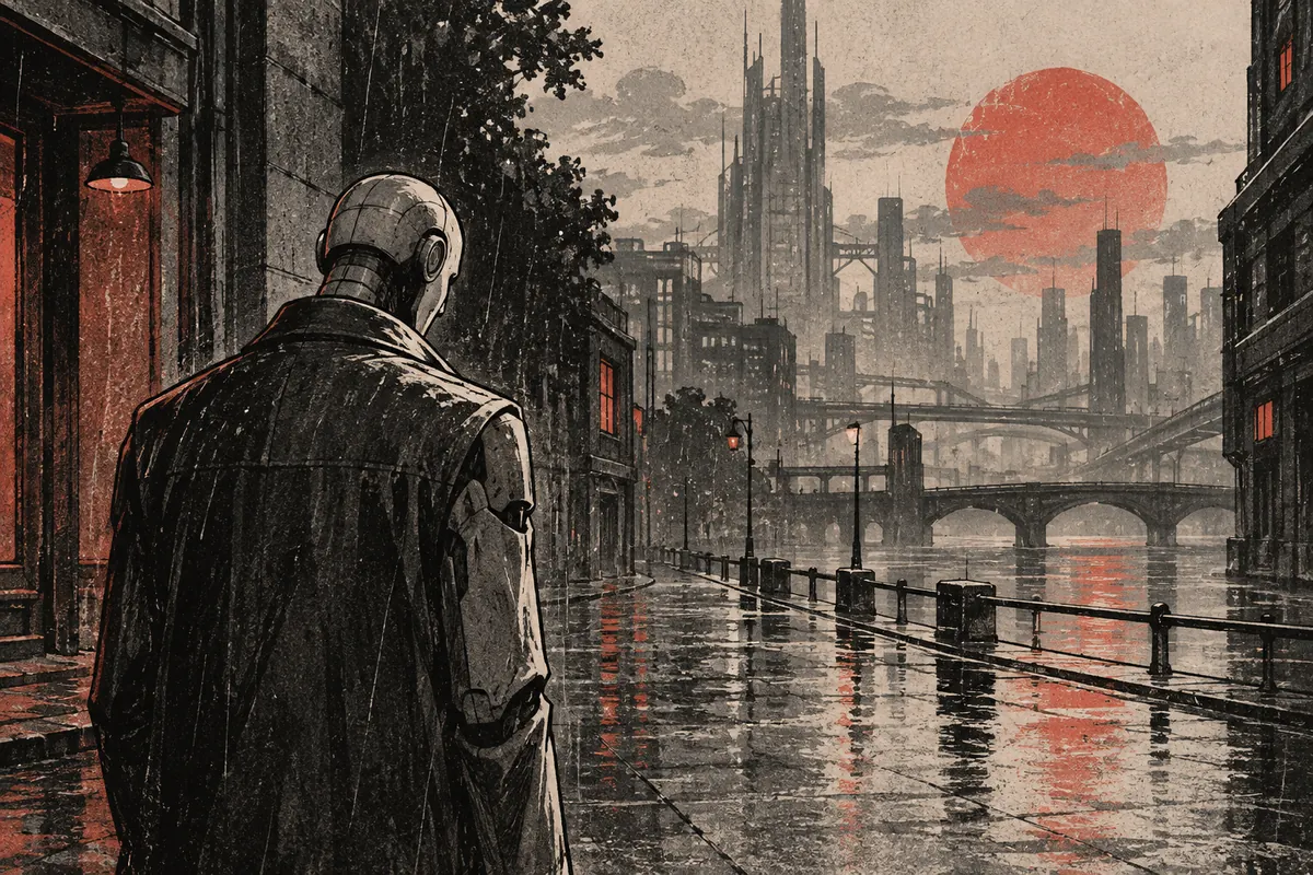 Détective robot imaginaire de dos dans une rue pluvieuse dessinée à l’encre