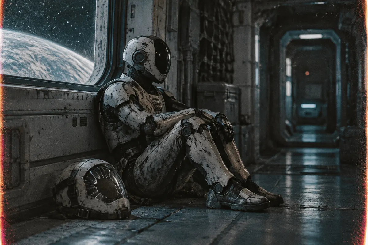 Robot de service imaginaire assis dans un couloir de vaisseau sombre