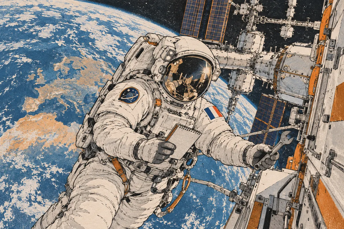 Explorateur spatial imaginaire près d’une station avec la Terre en arrière-plan