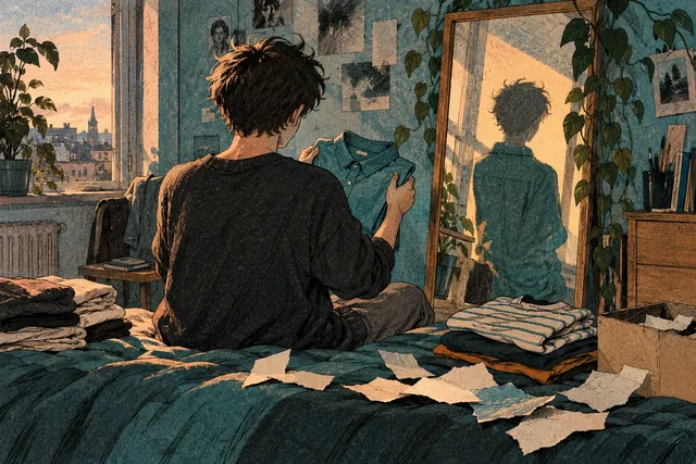 Jeune personne imaginaire face à un miroir dans une chambre, vêtements pliés à côté