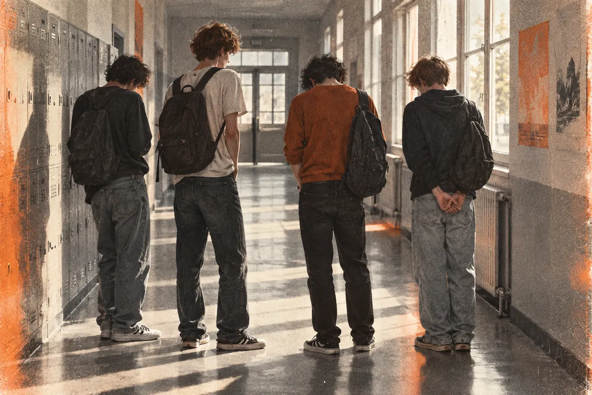 Deux adolescents anonymes attendent de dos dans un couloir de collège