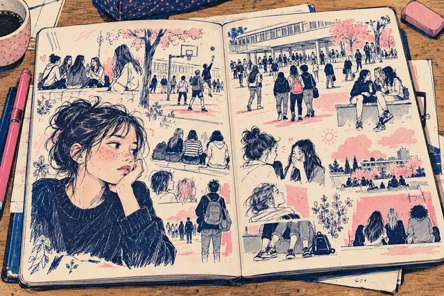 Cahier ouvert avec dessins anonymes de cour d’école et papiers épars