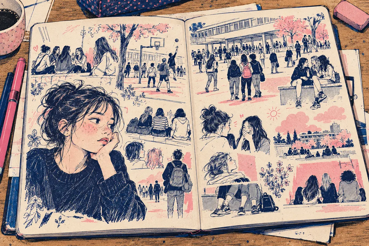 Cahier ouvert avec dessins anonymes de cour d’école et papiers épars