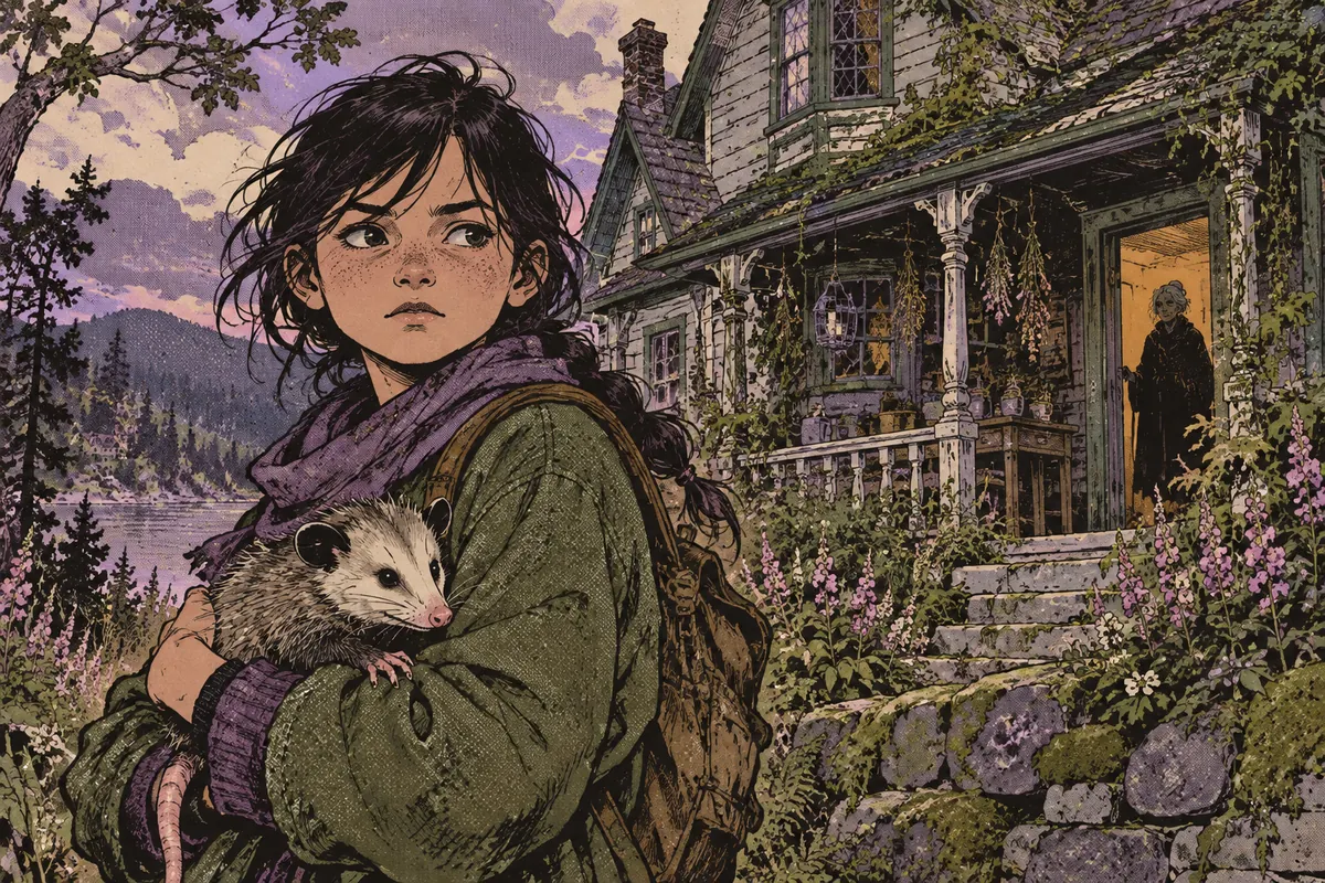 Enfant imaginaire portant un petit opossum devant une maison étrange