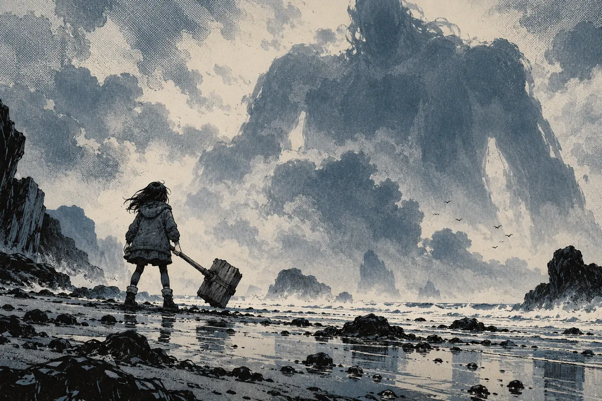 Petite silhouette imaginaire sur une plage face à une ombre immense dans les nuages