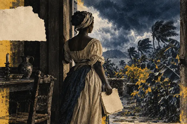 Silhouette imaginaire d'une femme devant une fenêtre ouverte sur un paysage antillais orageux, tenant des feuilles vierges