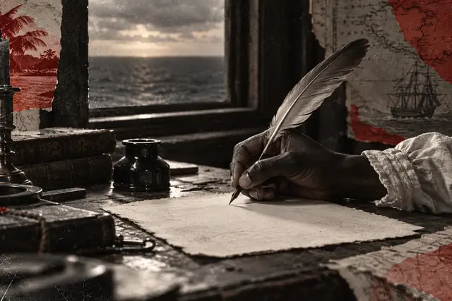 Main imaginaire tenant une plume au-dessus d'une feuille blanche face à l'horizon marin ; image construite, pas un document historique
