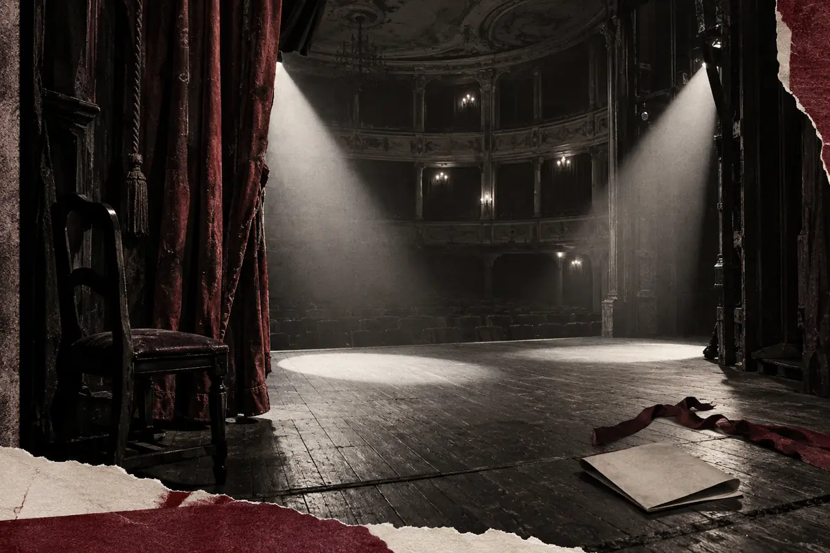 Scène de théâtre ancienne et vide avec deux faisceaux de lumière, un fauteuil dans l'ombre et un programme vierge